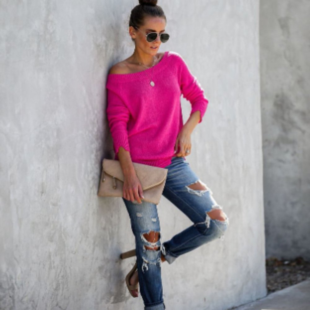 Vici Ambition Distressed Knit Sweater - fuchsia